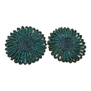 Vintage Woven Loop Trivets Set Green Sunburst Boho Kitchen Decor 4.5” Pair